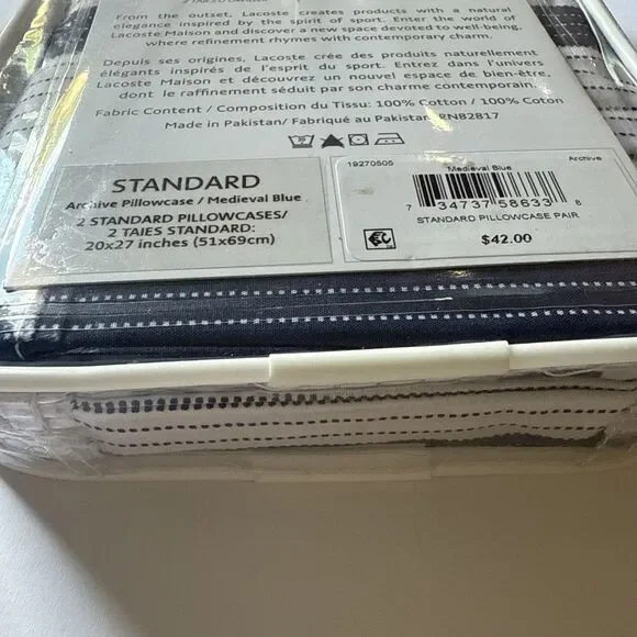 Lacoste 100% Cotton Medieval Blue Standard Pillowcase Pair Archive 2 Pillow Case - Picture 8 of 8